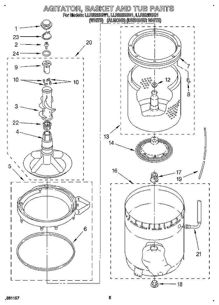 AGITATOR, BASKET AND TUB Diagram and Parts List for LLR8233BQ1  Whirlpool Washer