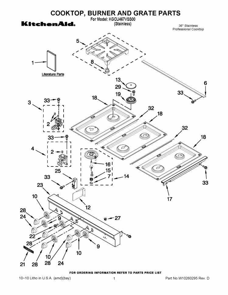 COOKTOP, BURNER AND GRATE PARTS Diagram and Parts List for KGCU467VSS00  KitchenAid Cooktop