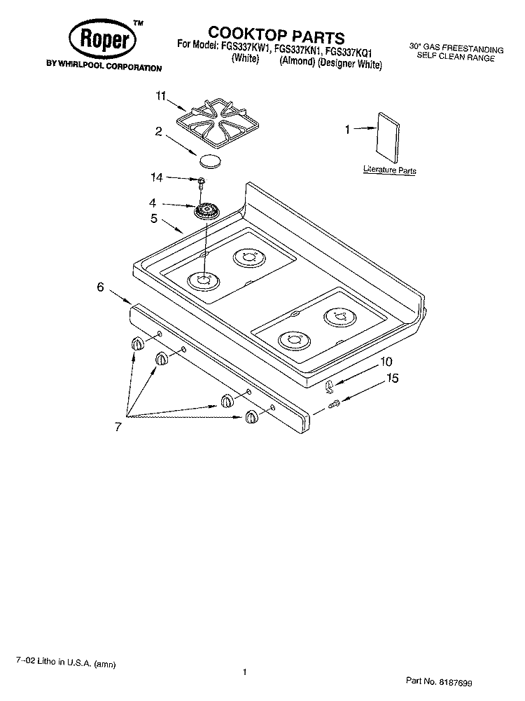 COOKTOP, LITERATURE Diagram and Parts List for FGS337KN1  Roper Range