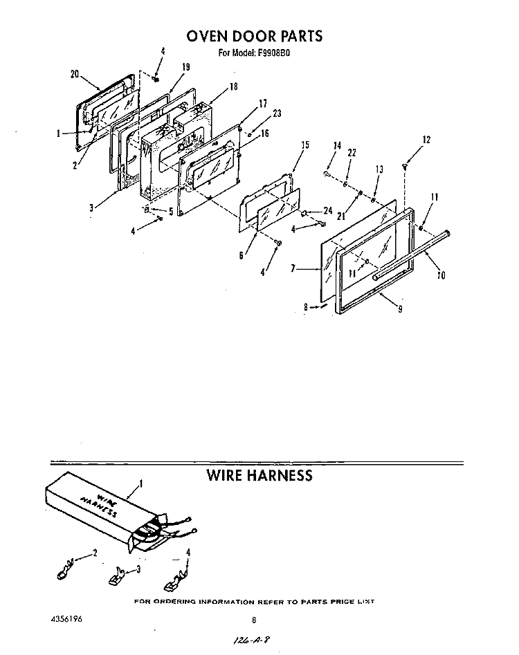 OVEN DOOR , WIRE HARNESS Diagram and Parts List for F9908B0  Roper Range