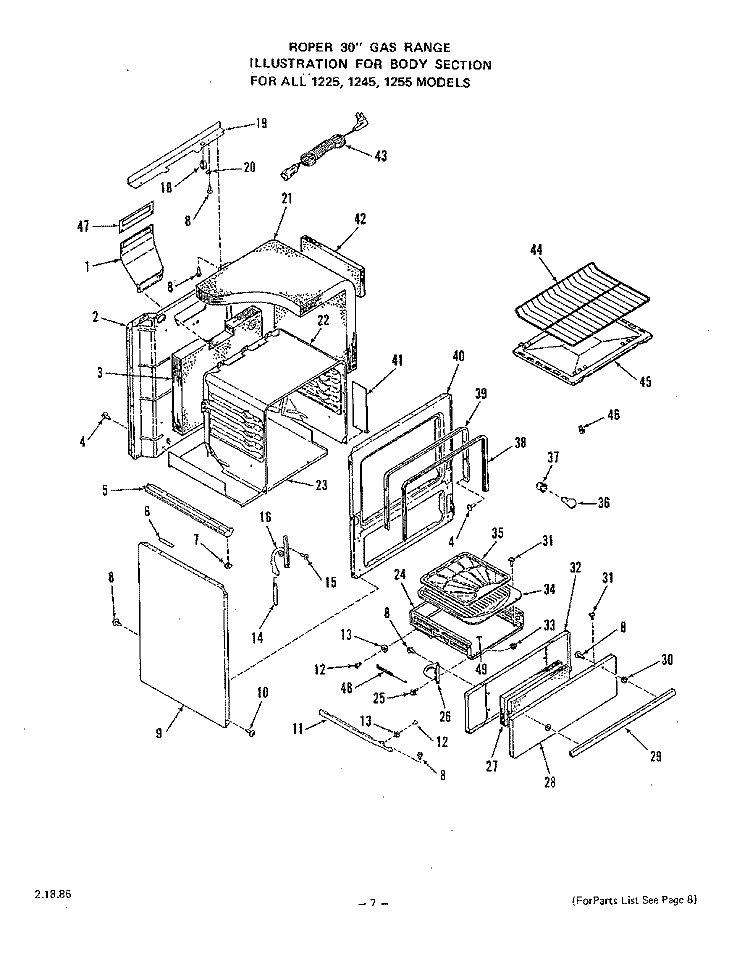 OVEN DOOR Diagram and Parts List for 1225W3A  Roper Range