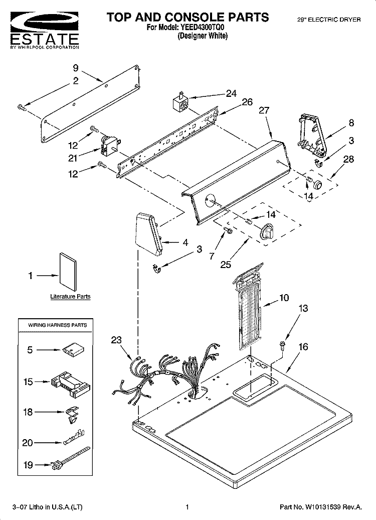 TOP AND CONSOLE PARTS Diagram and Parts List for YEED4300TQ0  Estate Dryer