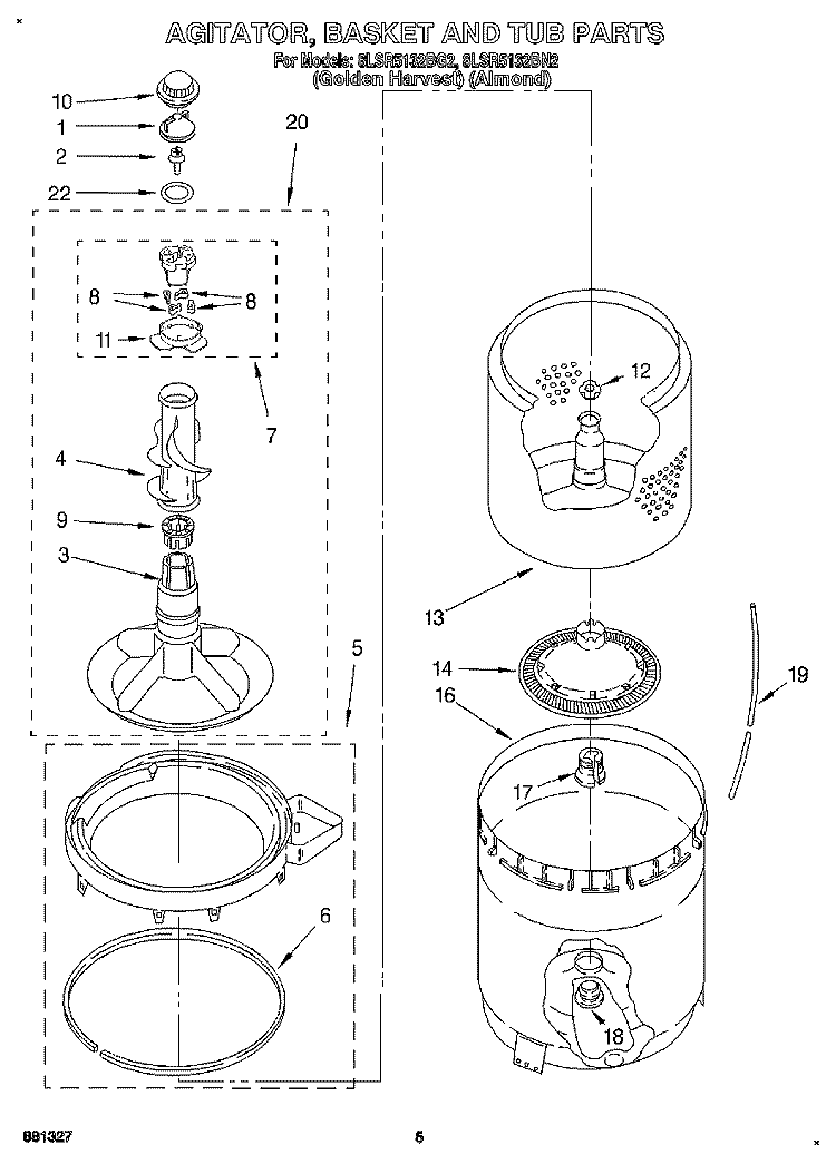 AGITATOR, BASKET AND TUB Diagram and Parts List for 8LSR5132BN2  Whirlpool Washer