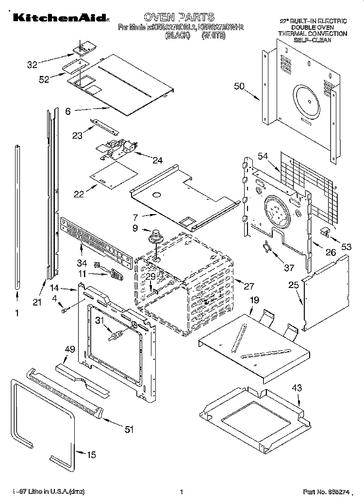 OVEN Diagram and Parts List for KEBS278DWH2  KitchenAid Wall Oven