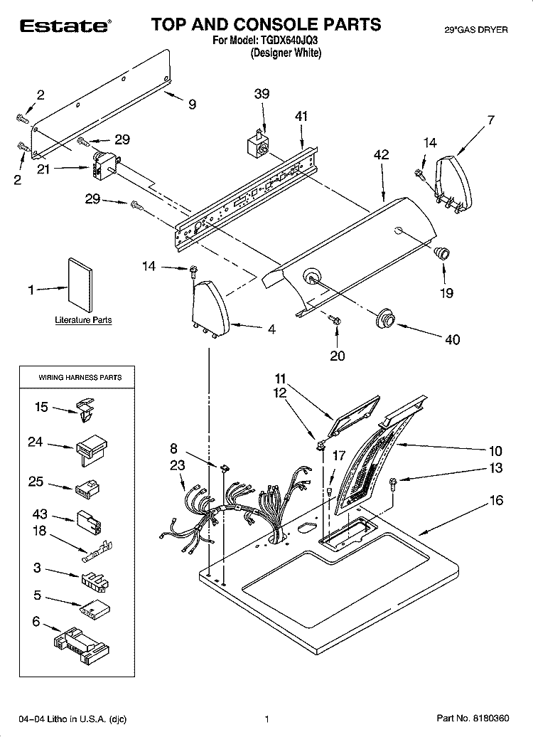 TOP AND CONSOLE PARTS Diagram and Parts List for TGDX640JQ3  Estate Dryer