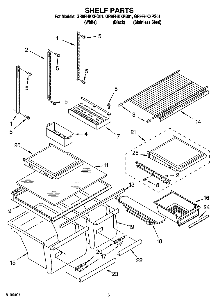 SHELF PARTS Diagram and Parts List for GR9FHKXPB01  Whirlpool Refrigerator