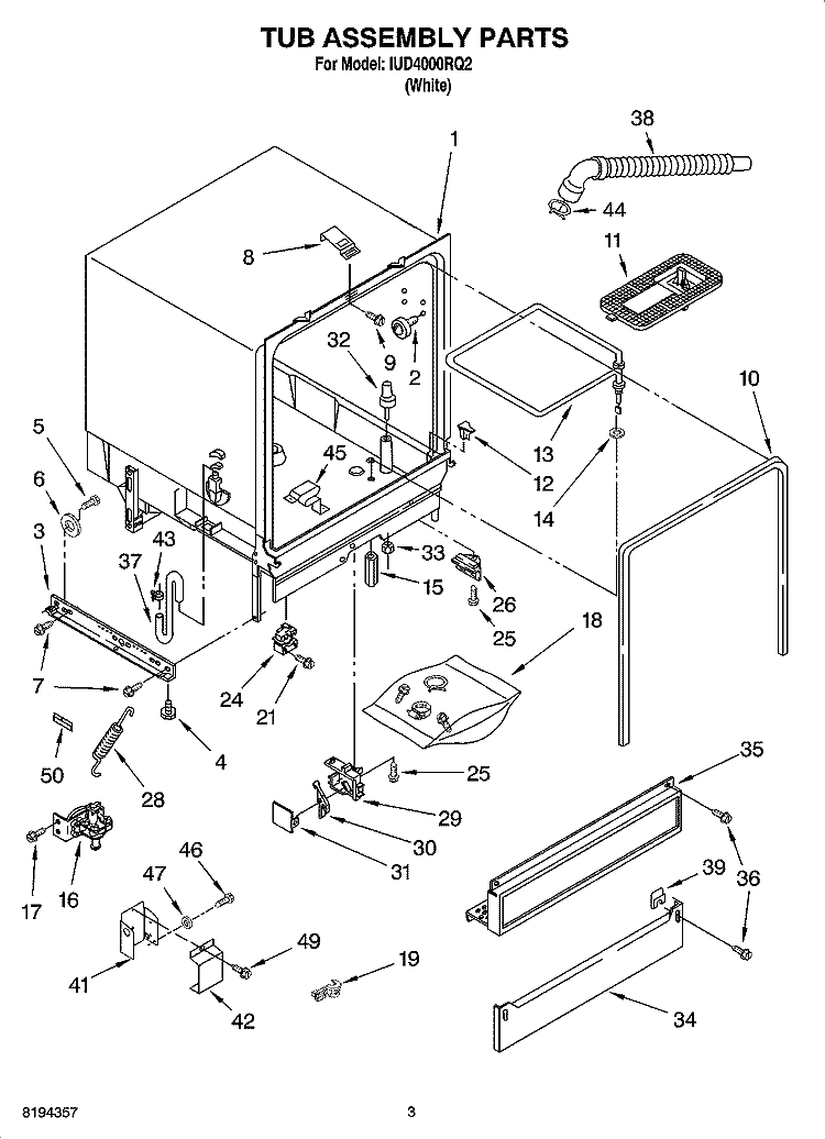 TUB ASSEMBLY PARTS Diagram and Parts List for IUD4000RQ2  Whirlpool Dishwasher