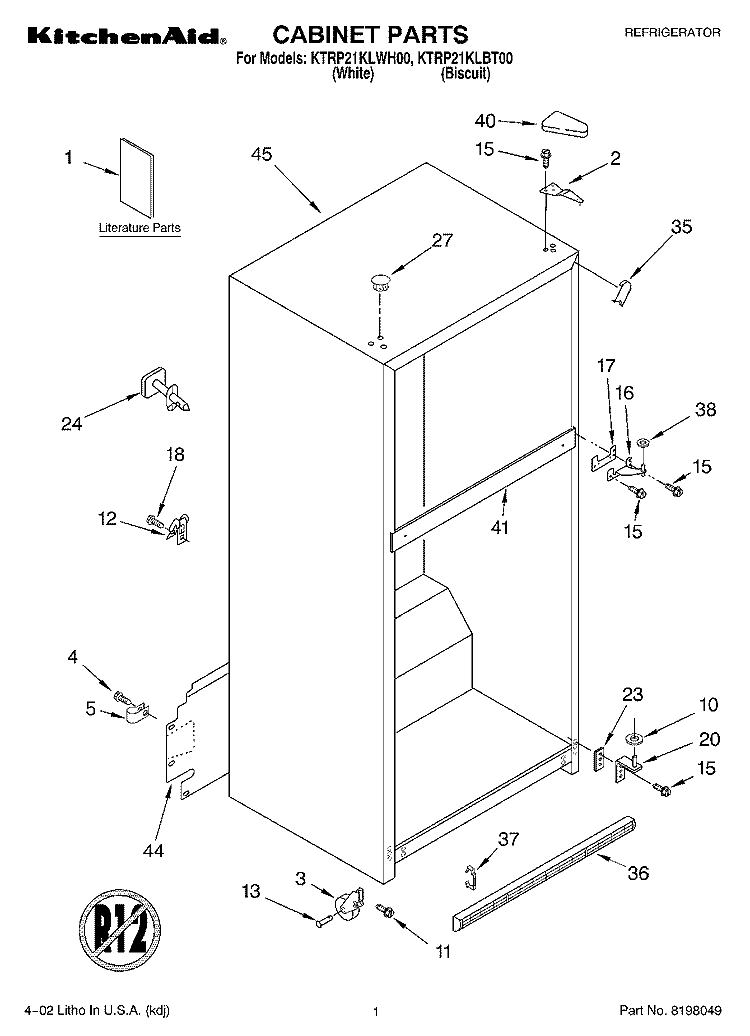 CABINET, LITERATURE Diagram and Parts List for KTRP21KLBT00  KitchenAid Refrigerator
