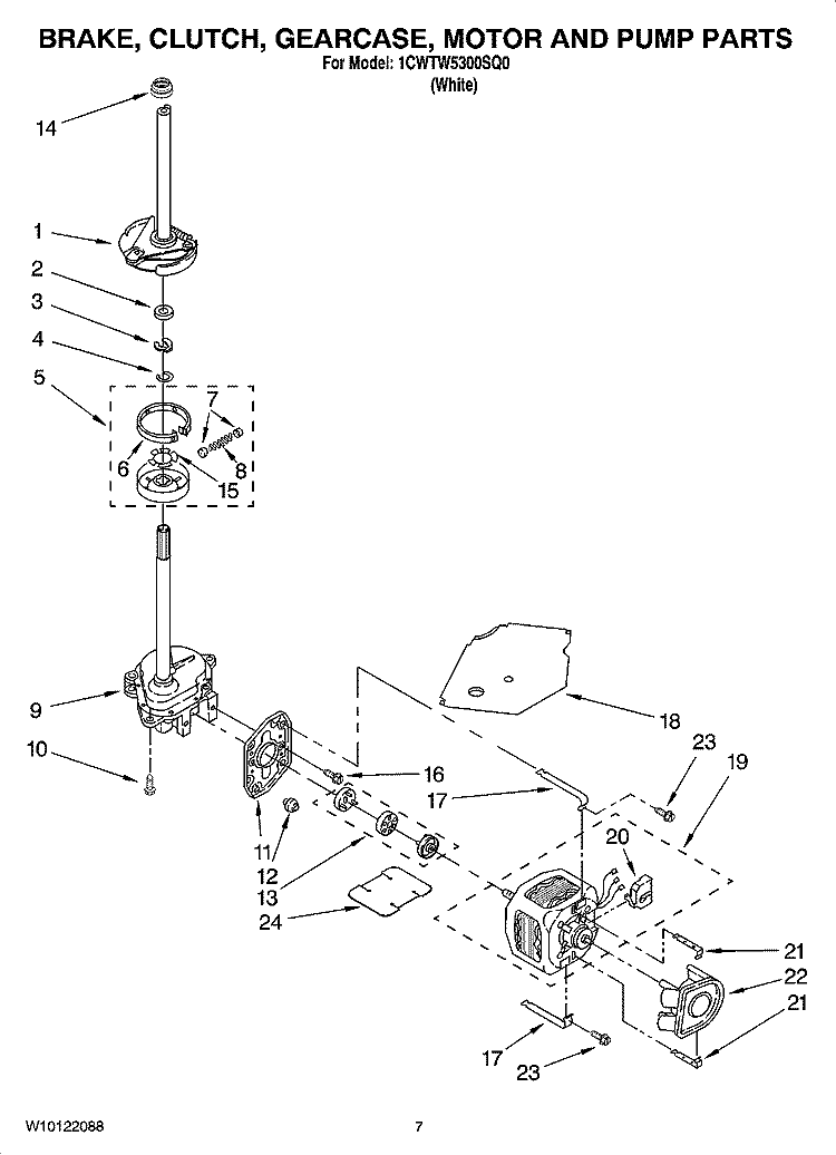 BRAKE, CLUTCH, GEARCASE, MOTOR AND PUMP PARTS Diagram and Parts List for 1CWTW5300SQ0  Whirlpool Washer