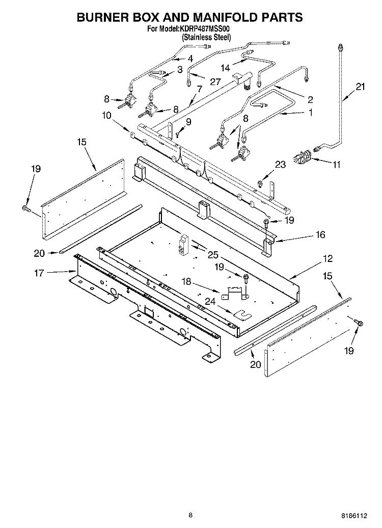 BURNER BOX AND MANIFOLD PARTS Diagram and Parts List for KDRP487MSS00  KitchenAid Range