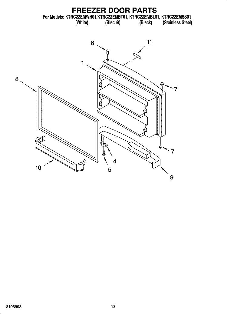 FREEZER DOOR PARTS Diagram and Parts List for KTRC22EMWH01  KitchenAid Refrigerator