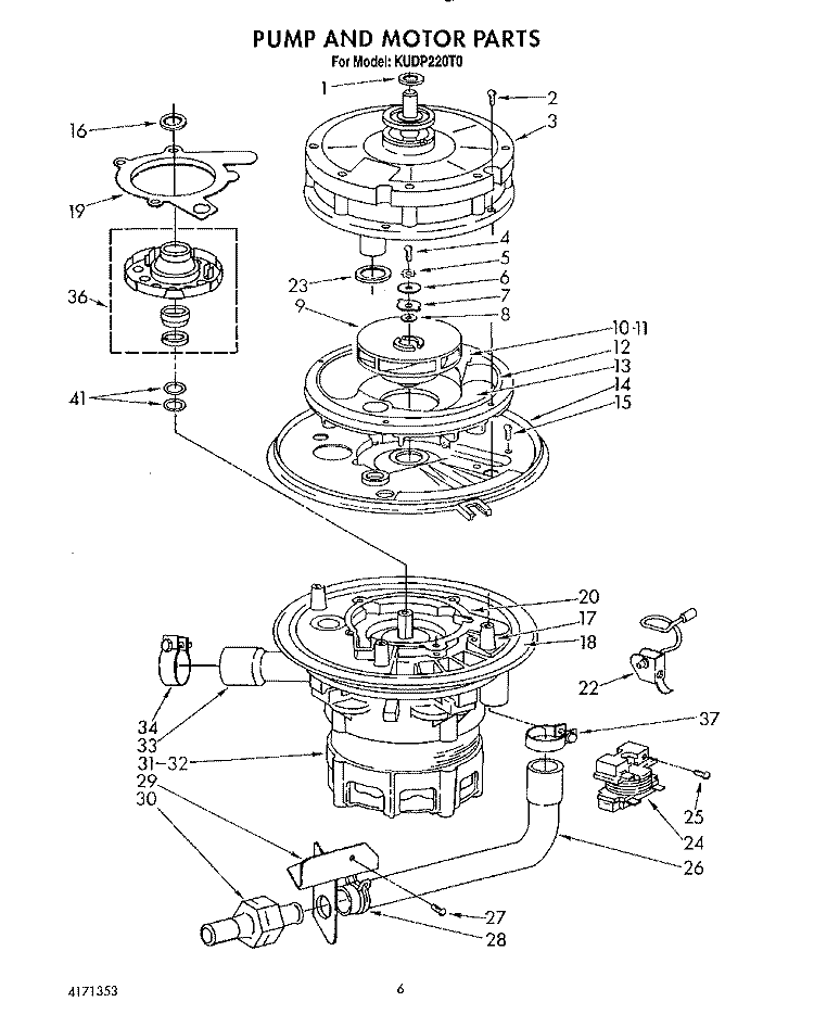 PUMP AND MOTOR Diagram and Parts List for KUDP220T0  KitchenAid Dishwasher