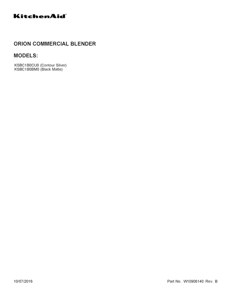 Cover Sheet Diagram and Parts List for KSBC1B0BM0  KitchenAid Blender