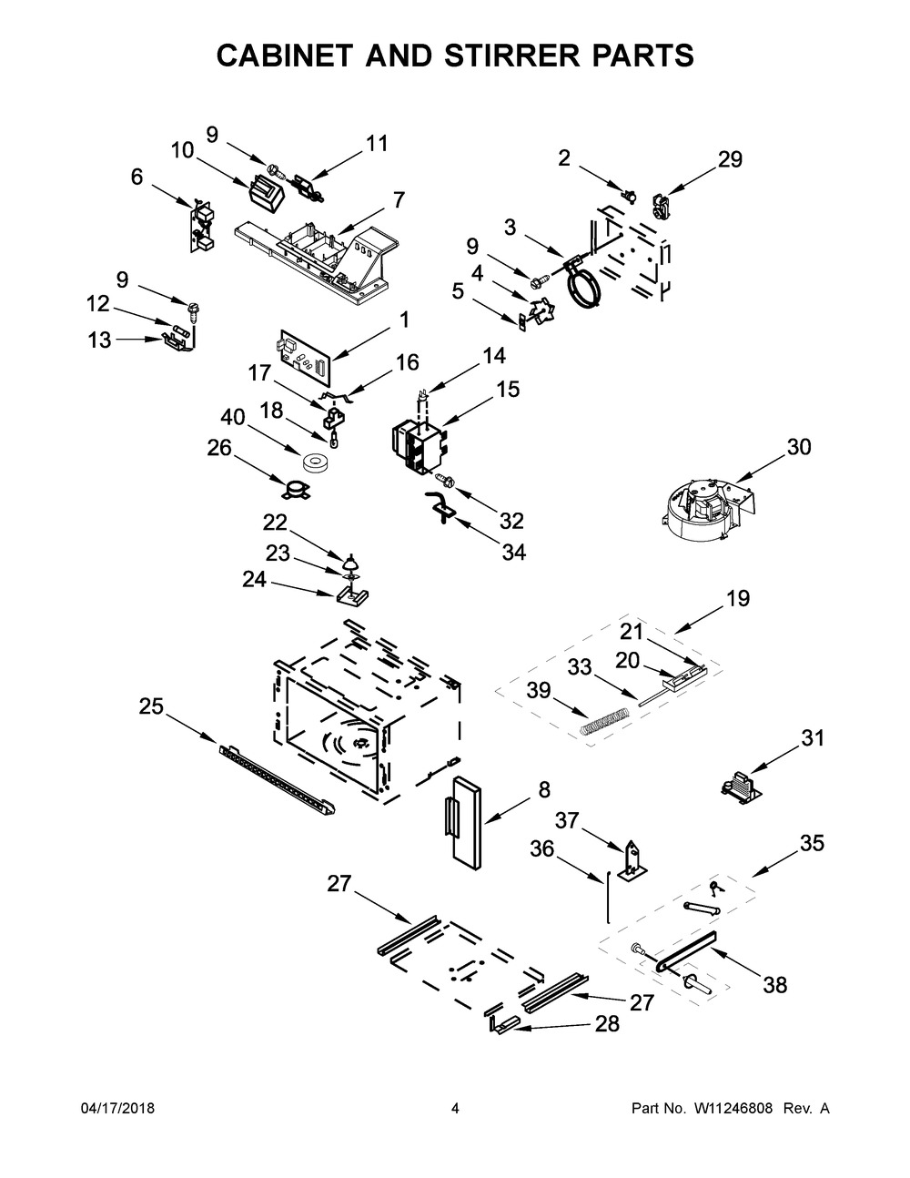 Cabinet And Stirrer Parts Diagram and Parts List for KOCE500EBL07  Whirlpool Microwave Oven Combo