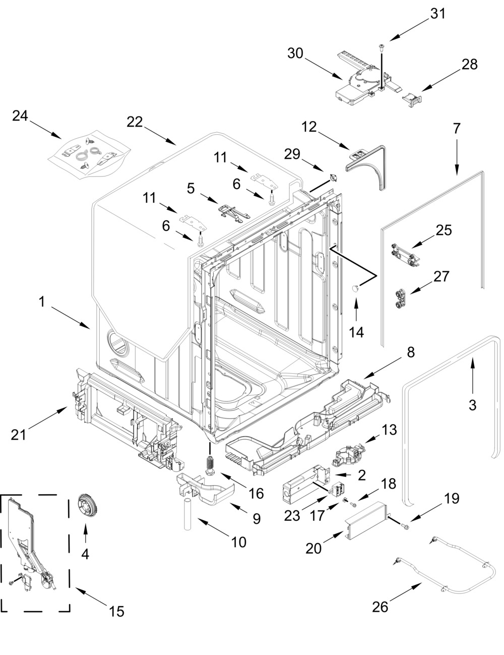 Tub And Frame Parts Diagram and Parts List for KDPS624SBE0  Whirlpool Dishwasher