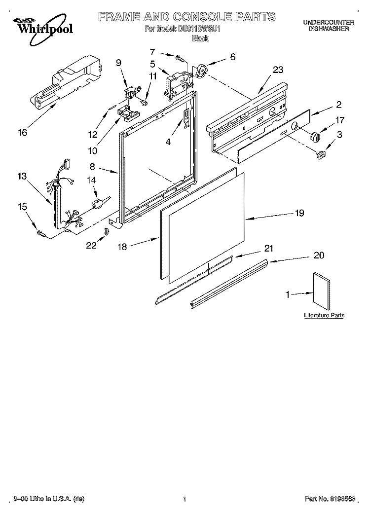 FRAME & CONSOLE, LITERATURE Diagram and Parts List for DU811DWGU1  Whirlpool Dishwasher