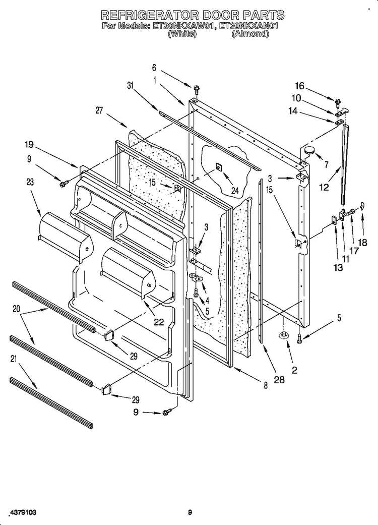 Refrigerator Door Diagram and Parts List for ET20NKXAW0  Whirlpool Refrigerator