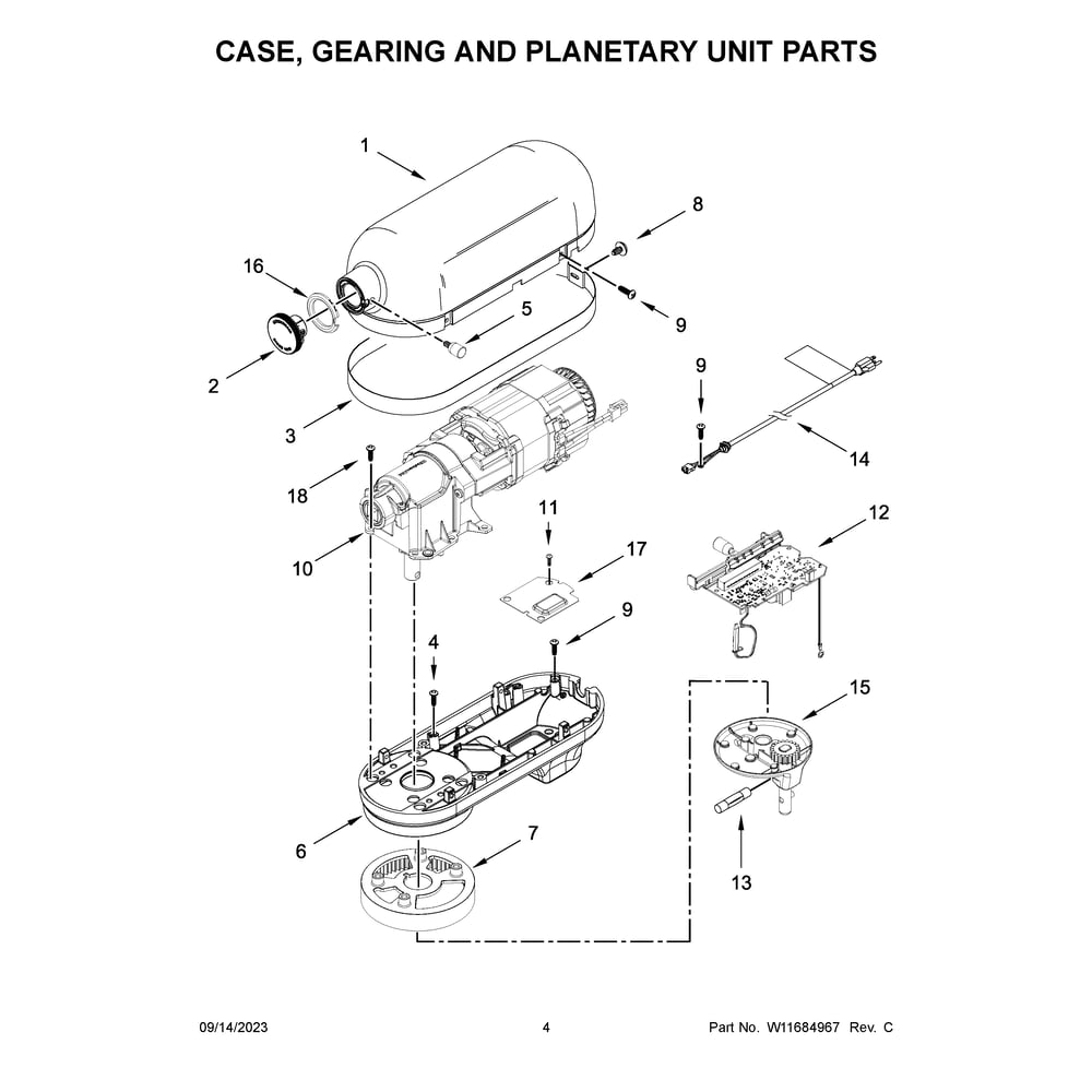Case, Gearing And Planetary Unit Parts Diagram and Parts List for 9KSM5580XWH0  KitchenAid Mixer