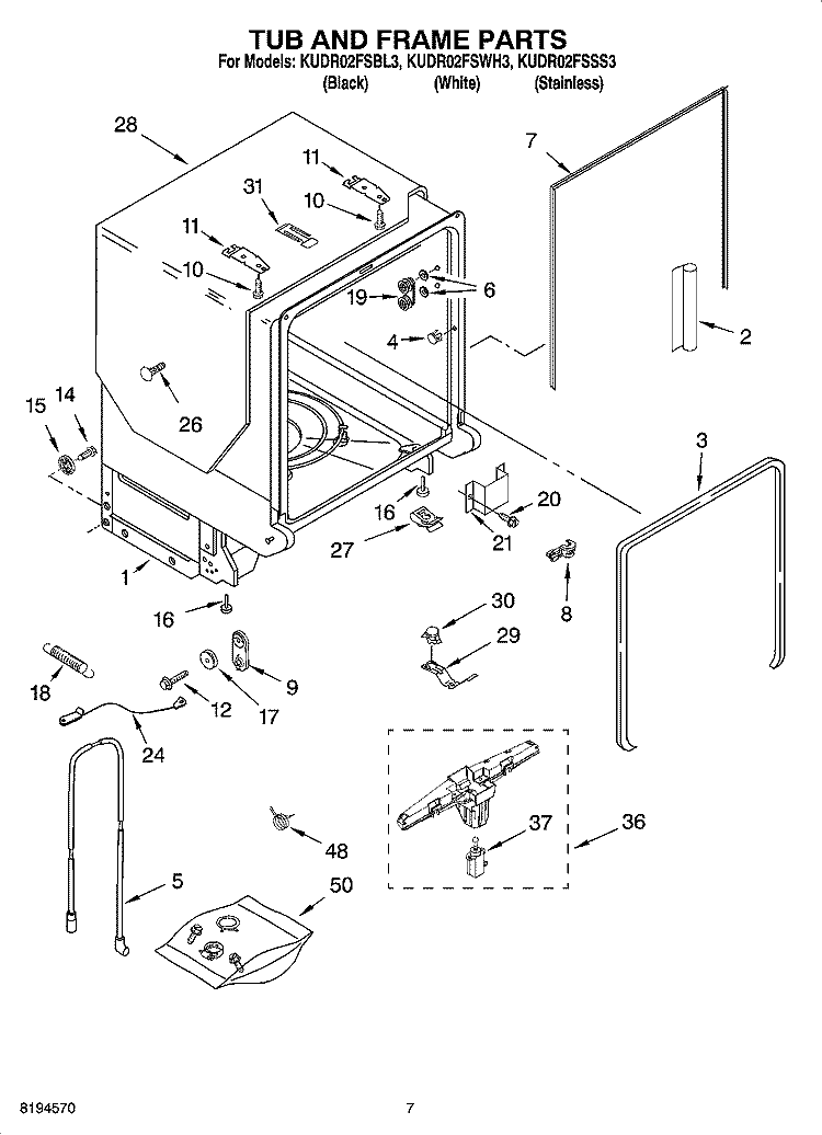 TUB AND FRAME PARTS Diagram and Parts List for KUDR02FSBL3  KitchenAid Dishwasher