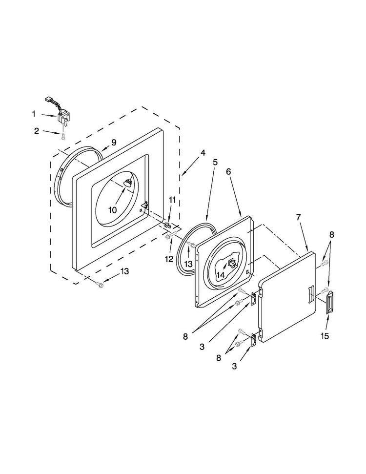 Dryer Front Panel And Door Parts Diagram and Parts List for LTG5243DQC  Whirlpool Washer Dryer Combo