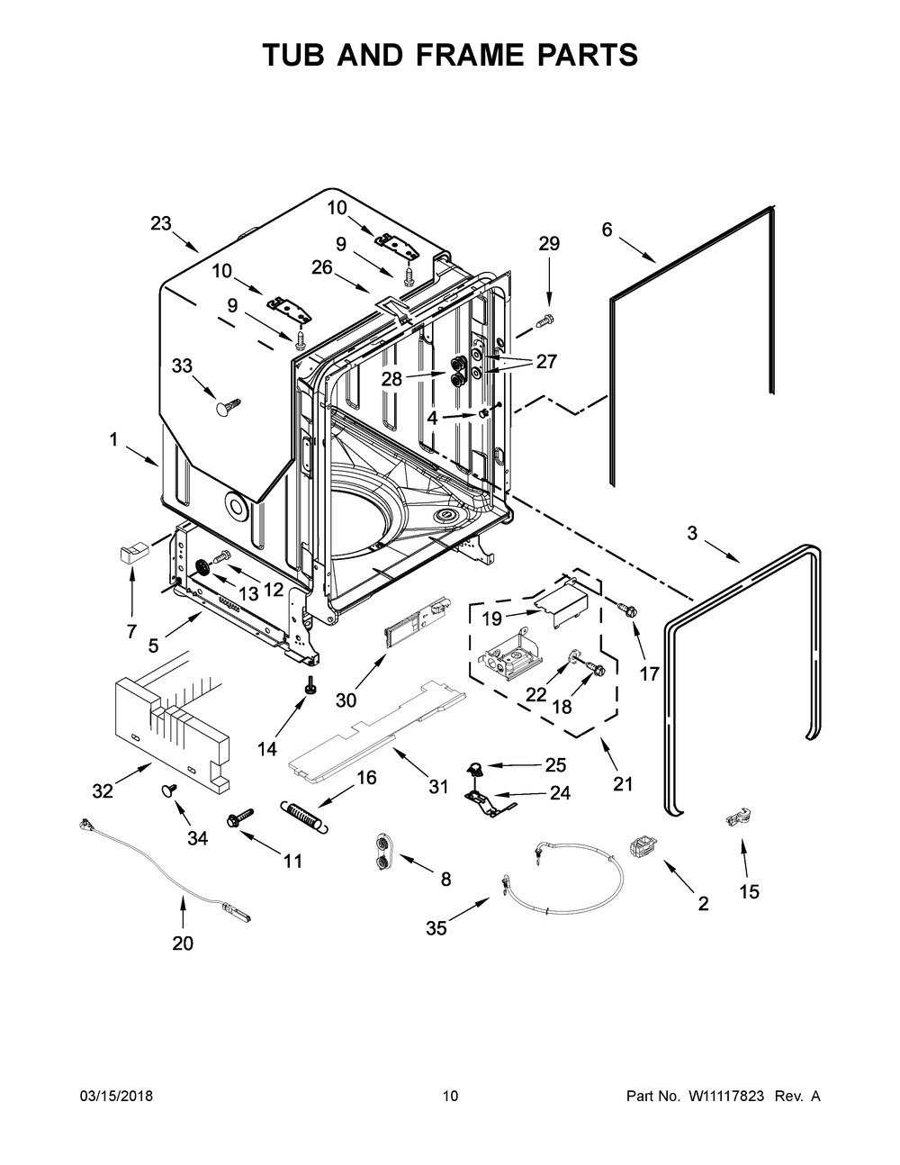 Tub And Frame Parts Diagram and Parts List for WDT975SAHV0  Whirlpool Dishwasher