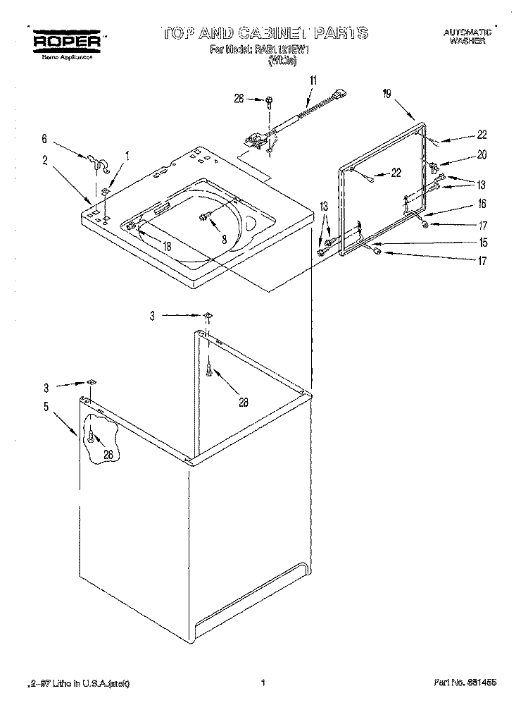 TOP AND CABINET Diagram and Parts List for RAB1121EW1  Roper Washer