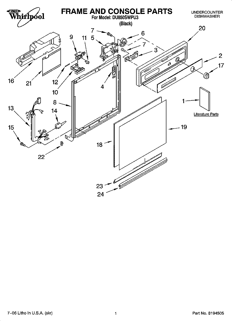 FRAME AND CONSOLE PARTS Diagram and Parts List for DU850SWPU3  Whirlpool Dishwasher