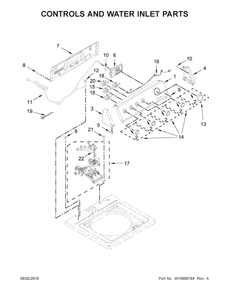 Controls And Water Inlet Parts Diagram and Parts List for 11022242510  Kenmore Washer