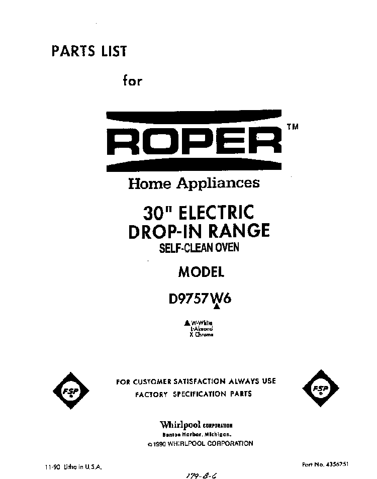 Front Cover Diagram and Parts List for D9757*6  Roper Range