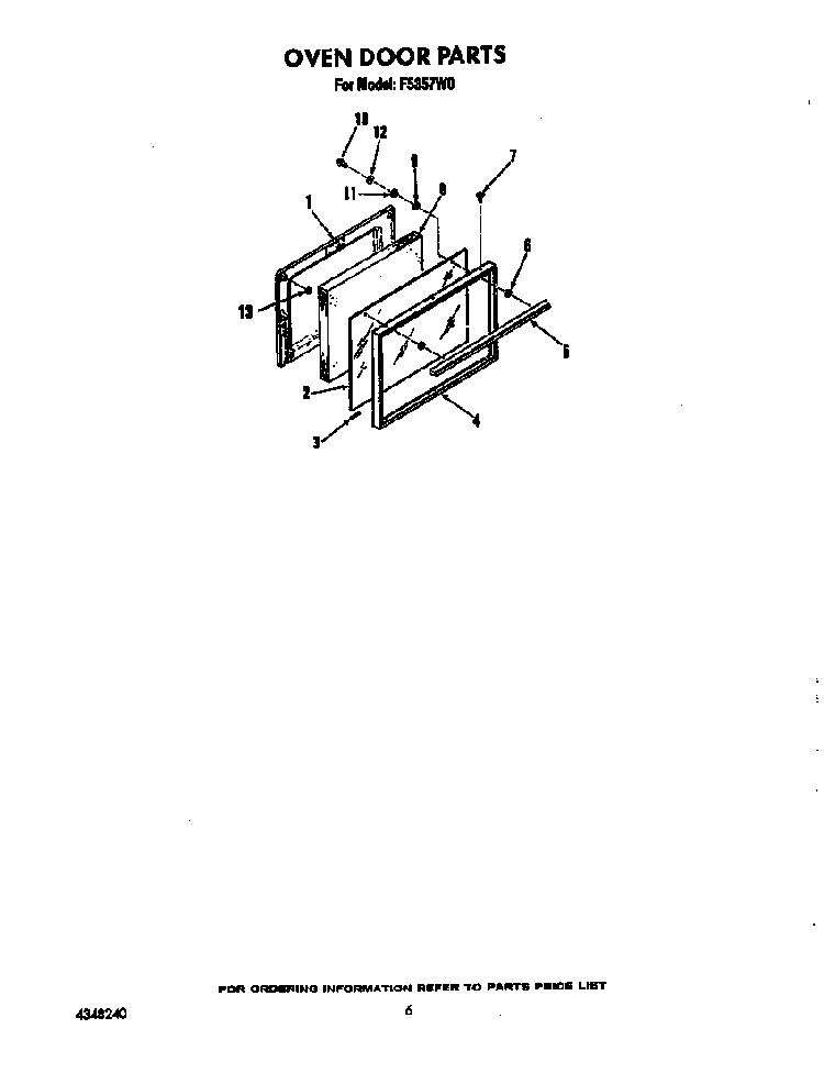 Oven Door Diagram and Parts List for F5357W0  Roper Range