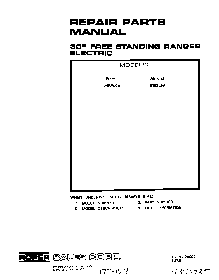 Front Cover Diagram and Parts List for 2453*9A  Roper Range