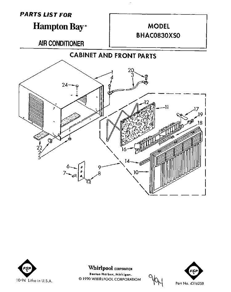 CABINET AND FRONT Diagram and Parts List for BHAC0830XS0  Whirlpool Air Conditioner