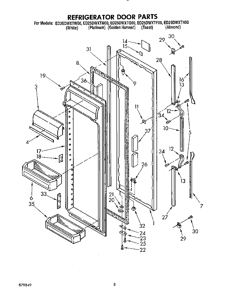 REFRIGERATOR DOOR Diagram and Parts List for ED25DWXTF00  Whirlpool Refrigerator