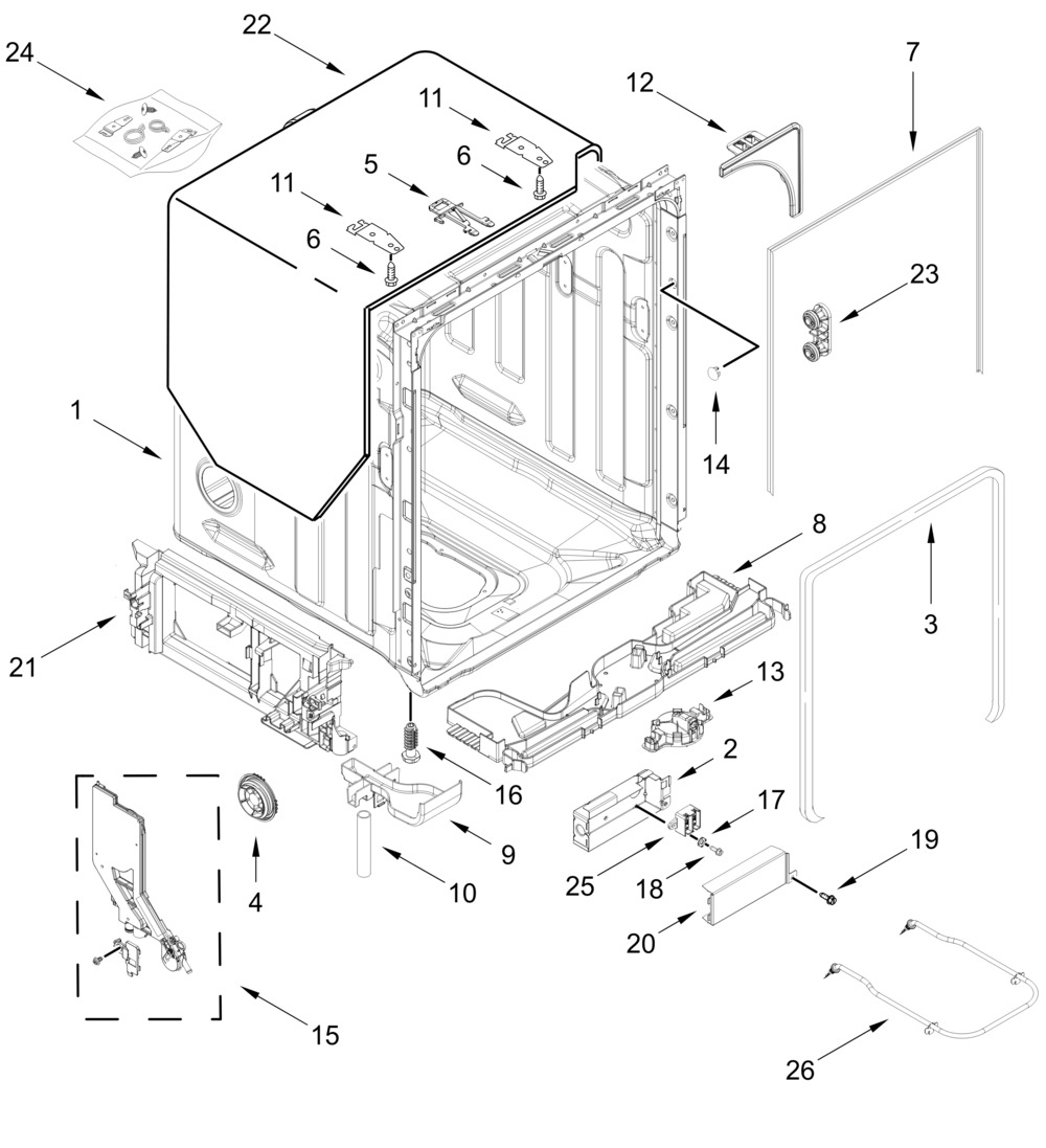 Tub And Frame Parts Diagram and Parts List for MDFS3924RZ3  Whirlpool Dishwasher