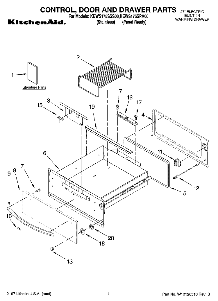 CONTROL, DOOR AND DRAWER PARTS Diagram and Parts List for KEWS175SSS00  KitchenAid Warming Drawer