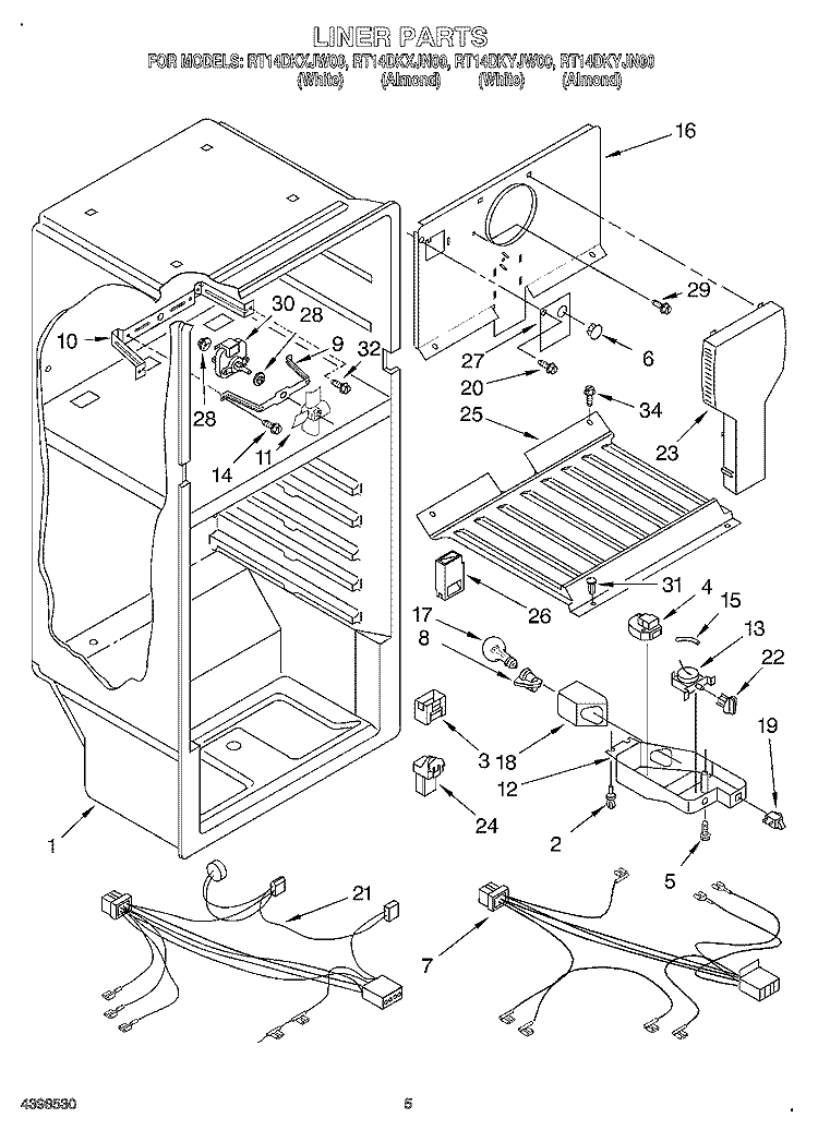 LINER Diagram and Parts List for RT14DKYJN00  Roper Refrigerator