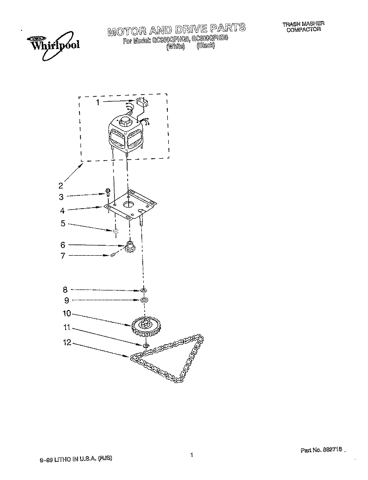 MOTOR AND DRIVE, LITERATURE Diagram and Parts List for GC900QPHB0  Whirlpool Trash Compactor