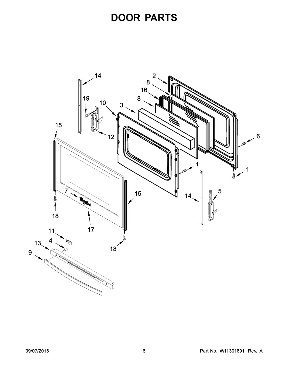 Door Parts Diagram and Parts List for WEE510SAGB0  Whirlpool Range