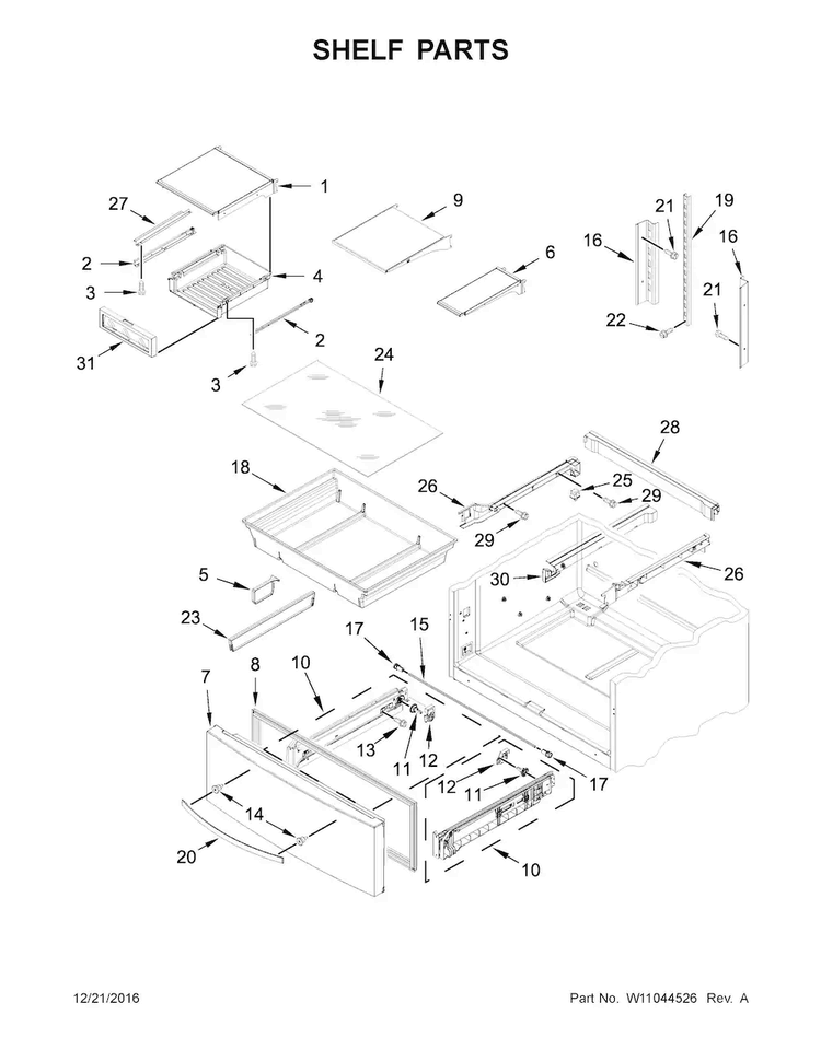 Shelf Parts Diagram and Parts List for WRX735SDHB00  Whirlpool Refrigerator