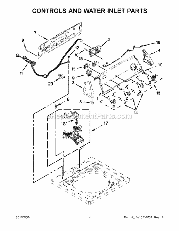Controls And Water Inlet Parts Diagram and Parts List for WTW4800XQ4  Whirlpool Washer