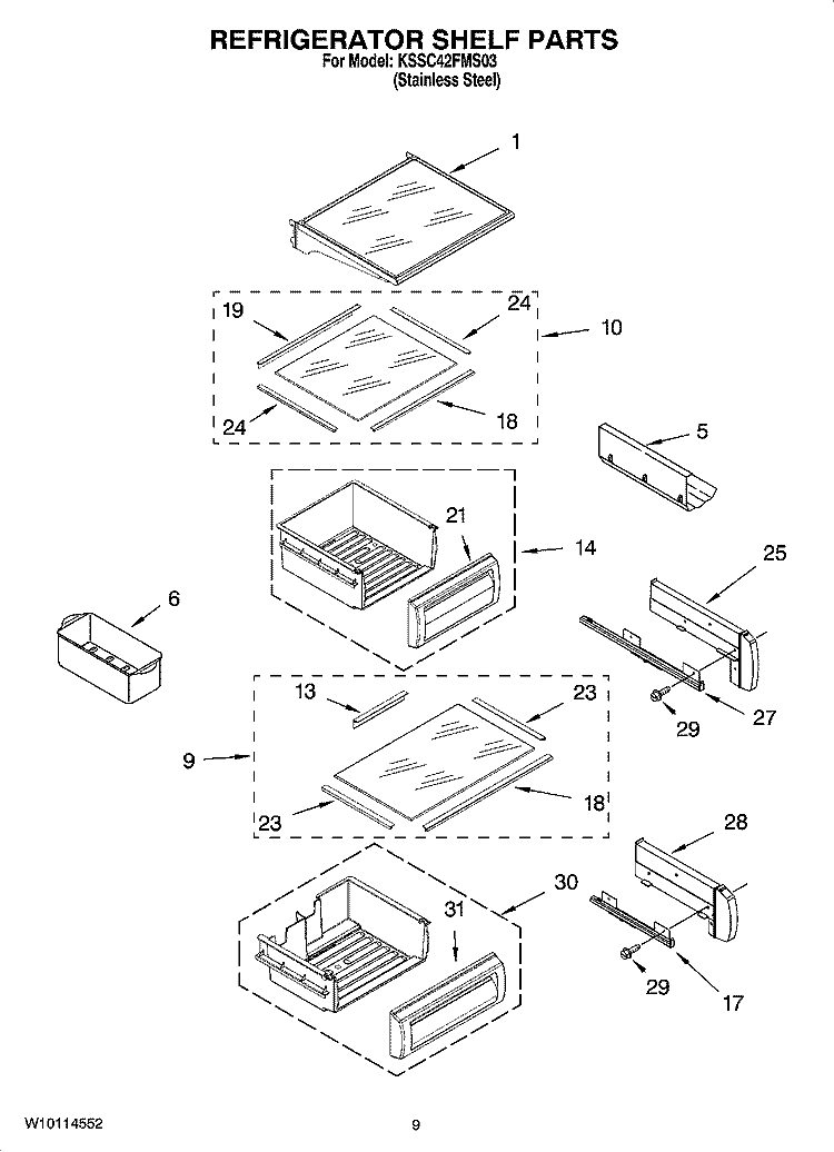 REFRIGERATOR SHELF PARTS Diagram and Parts List for KSSC42FMS03  KitchenAid Refrigerator