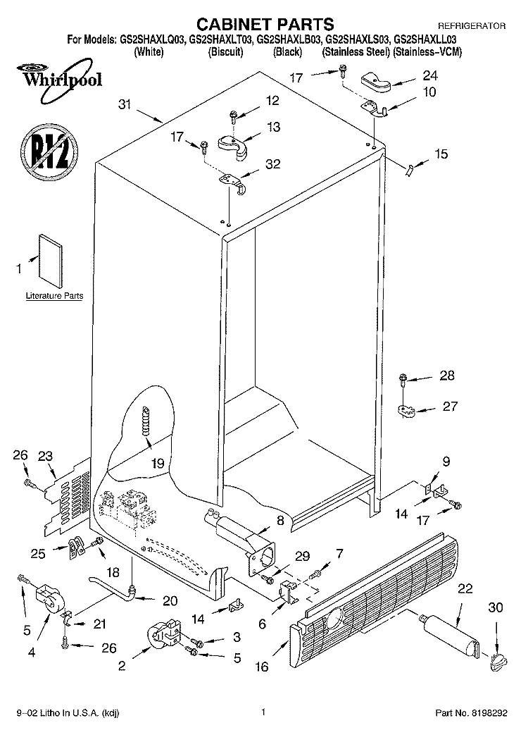 CABINET, LITERATURE Diagram and Parts List for GS2SHAXLS03  Whirlpool Refrigerator