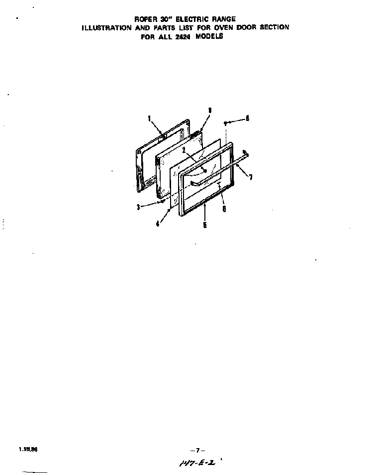 Oven Door For 2424 Models Diagram and Parts List for 2424*1A  Roper Range