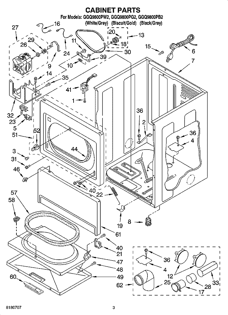 CABINET PARTS Diagram and Parts List for GGQ9800PG2  Whirlpool Dryer