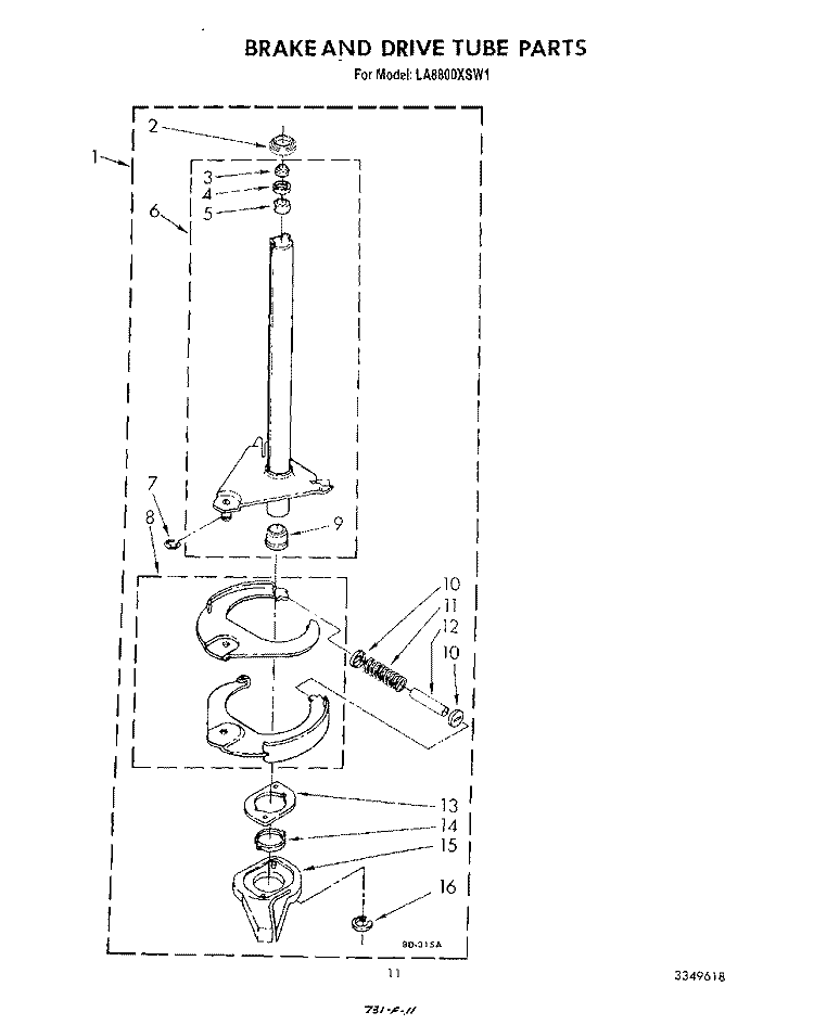 BRAKE AND DRIVE TUBE Diagram and Parts List for LA8800XSW1  Whirlpool Washer