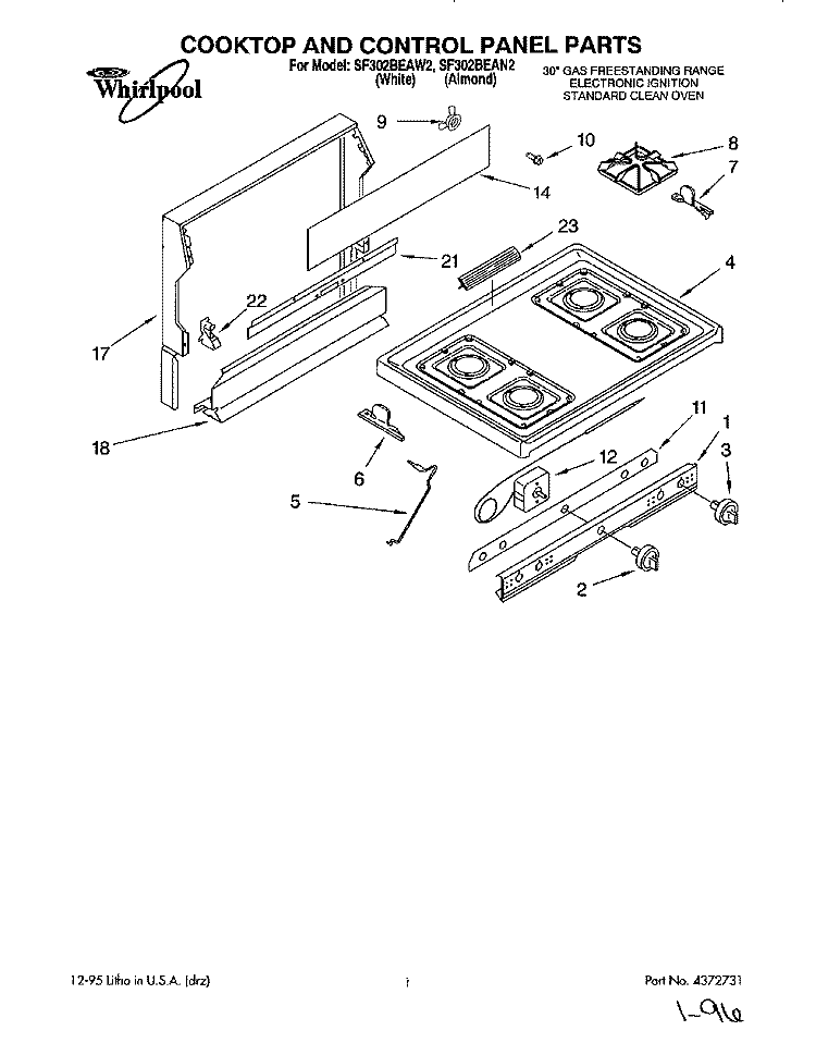 COOKTOP AND CONTROL PANEL, LITERATURE Diagram and Parts List for SF302BEAW2  Whirlpool Range