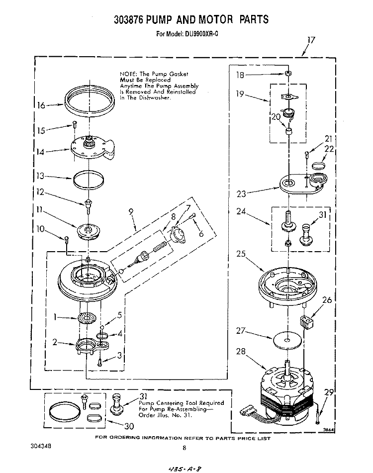 303876 PUMP AND MOTOR Diagram and Parts List for DU9900XR0  Whirlpool Dishwasher