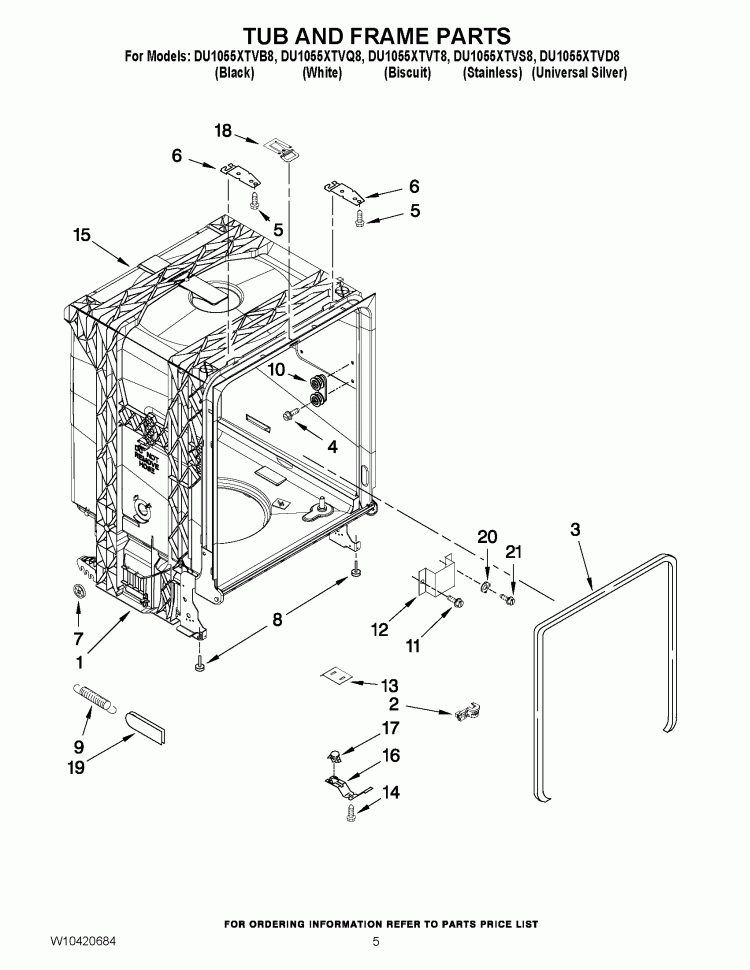 TUB AND FRAME PARTS Diagram and Parts List for DU1055XTVD8  Whirlpool Dishwasher