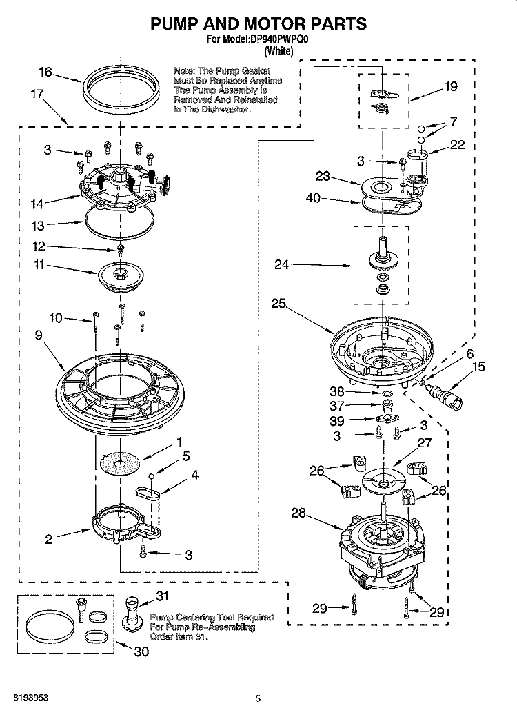 PUMP AND MOTOR PARTS Diagram and Parts List for DP940PWPQ0  Whirlpool Dishwasher