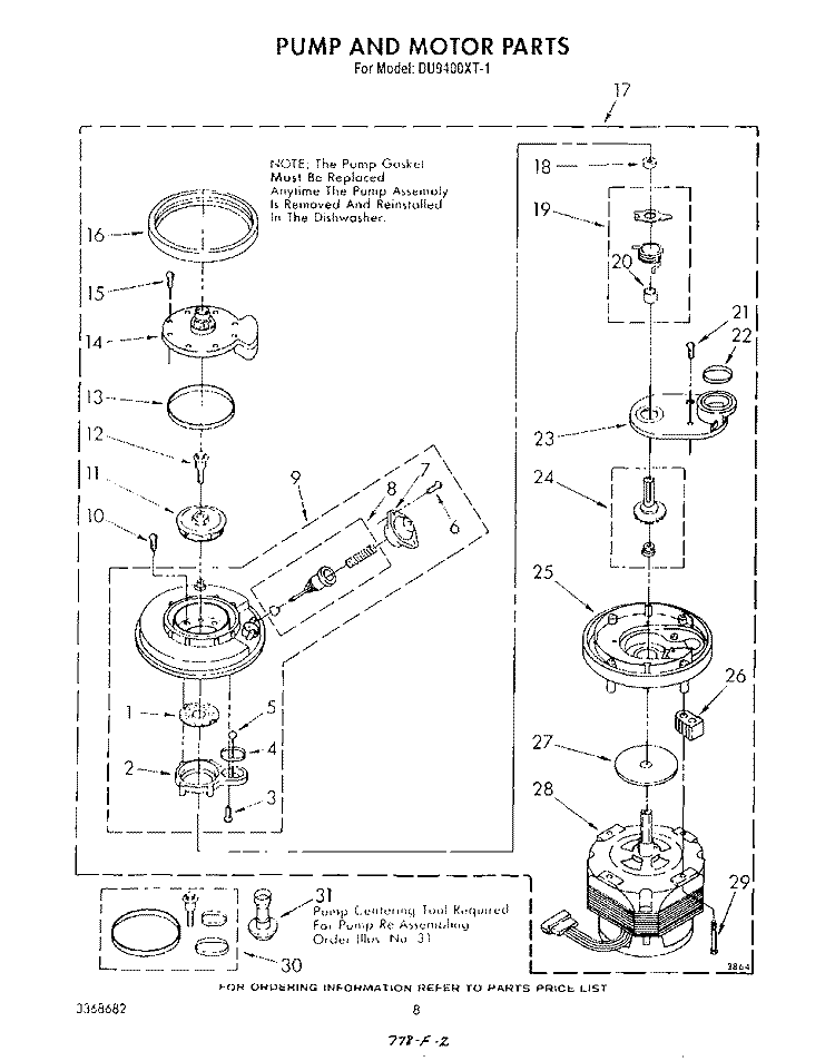 PUMP AND MOTOR Diagram and Parts List for DU9400XT1  Whirlpool Dishwasher